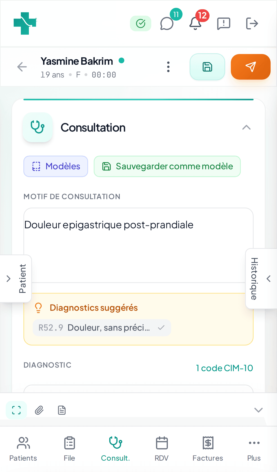 Interface mobile TabibDoc Pro montrant le détail d'une consultation médicale