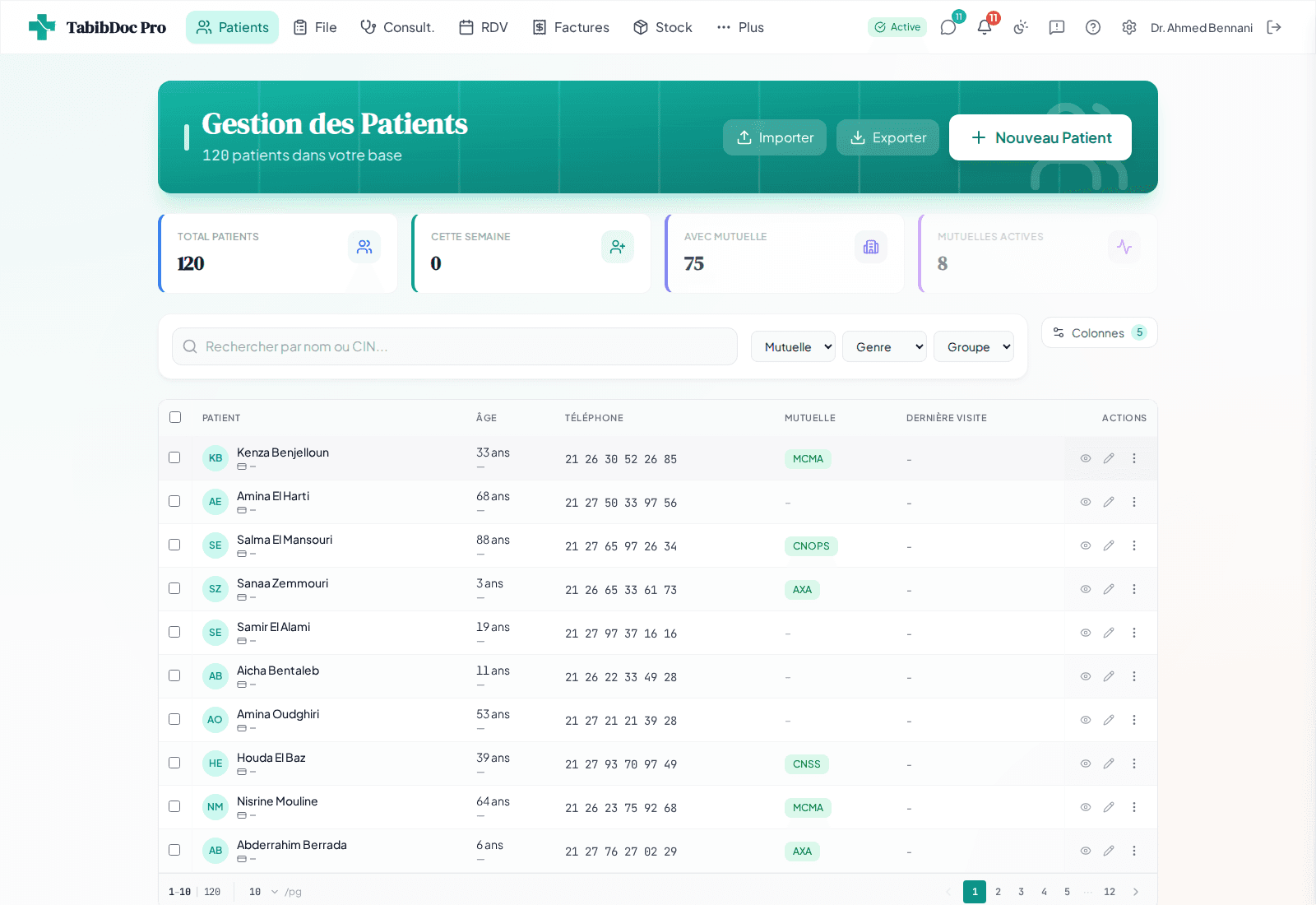 Interface TabibDoc Pro montrant la liste des patients et la recherche patient