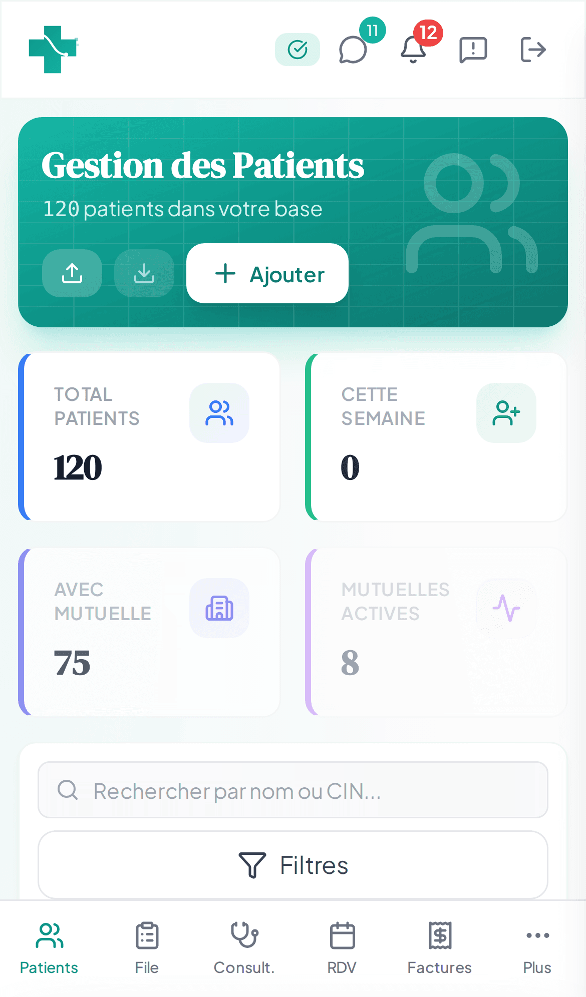 Interface mobile montrant la liste des patients